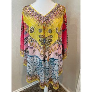 R Fashion Yellow Multi Print Cover Up Poncho Bead Detail